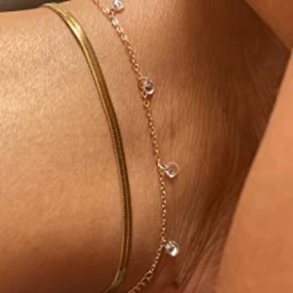 18k GP Herringbone/Snake Chain Anklet Bracelet - Picture 4 of 9